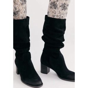 Free People Cleo Tall Suede Slouch Boot Black Pull On Stack Block Heel 36/6